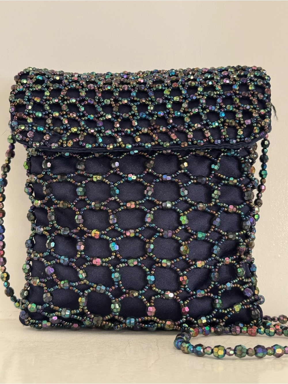 Vintage Iridescent Beaded Mesh Overlay Deep Navy Satin Pouch Purse Crossbody